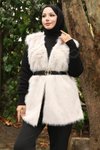 Beyaz Kemerli Kürklü Tesettür Yelek