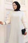Beyaz Manşeti Taş Detaylı Triko Tesettür Elbise