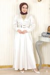 Beyaz Saten Taş Detaylı Tesettür Abiye Elbise