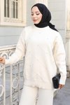 Beyaz Triko İkili Taş Detaylı Tesettür Takım