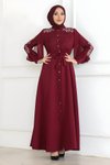 Bordo Abiye Düğme Detaylı Tesettür Elbise