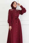 Bordo Abiye Düğme Detaylı Tesettür Elbise