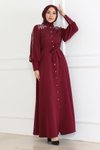 Bordo Abiye Düğme Detaylı Tesettür Elbise