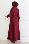 Bordo Abiye Düğme Detaylı Tesettür Elbise