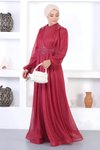 Bordo Dantelli İncili Simli Abiye Elbise