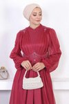 Bordo Dantelli İncili Simli Abiye Elbise