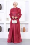 Bordo Dantelli İncili Simli Abiye Elbise