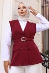 Bordo İkili V Yaka Yelekli Tesettür Takım