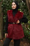 Bordo Kemerli Kürklü Tesettür Yelek