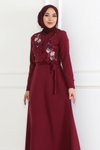 Bordo Nakış Detaylı Tesettür Abiye Elbise