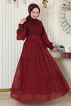 Bordo Pulpayetli Şifon Tesettür Abiye Elbise