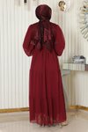 Bordo Pulpayetli Şifon Tesettür Abiye Elbise