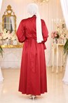 Bordo Saten İncili Tesettür Abiye Elbise