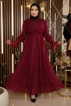 Bordo Simli Şifon Taş Detaylı Tesettür Abiye Elbise