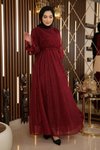 Bordo Simli Şifon Taş Detaylı Tesettür Abiye Elbise