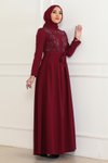 Bordo Taş Detaylı Tesettür Elbise