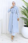 Buz Mavisi Kot İkili Kapüşonlu Beli Bağcıklı Tesettür Takım