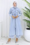 Buz Mavisi Kot İkili Kapüşonlu Beli Bağcıklı Tesettür Takım