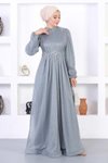 Gri Dantelli İncili Simli Abiye Elbise