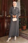 Gri Düğme Detaylı Triko Tesettür Elbise