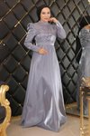 Gri Göğsü Drapeli Tesettür Abiye Elbise