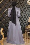 Gri Göğsü Drapeli Tesettür Abiye Elbise