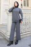 Gri İkili Triko Taş Detaylı Tesettür Takım