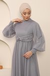 Gri İnci Detaylı Tül Tesettür Abiye Elbise