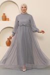Gri İnci Detaylı Tül Tesettür Abiye Elbise