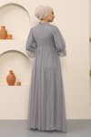 Gri İnci Detaylı Tül Tesettür Abiye Elbise