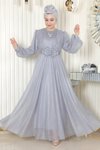 Gri Simli Drapeli İnci Detaylı Tesettür Abiye Elbise