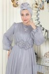 Gri Simli Drapeli İnci Detaylı Tesettür Abiye Elbise