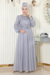 Gri Simli Drapeli İnci Detaylı Tesettür Abiye Elbise