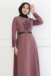 Gül Kurusu Kemer Detaylı Tesettür Abiye Elbise