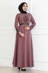 Gül Kurusu Kemer Detaylı Tesettür Abiye Elbise