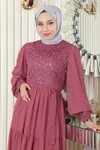 Gül Kurusu Pulpayetli Şifon Tesettür Abiye Elbise