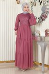 Gül Kurusu Pulpayetli Şifon Tesettür Abiye Elbise
