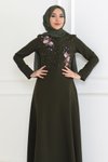 Haki Abiye Nakış Detaylı Tesettür Elbise