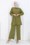 Haki İkili Minimal Taşlı Tesettür Takım