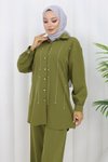 Haki İkili Taş Detaylı Tesettür Takım