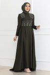 Haki İnci Detaylı Tesettür Abiye Elbise