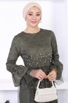 Haki İncili Dantelli Volan Kol Tesettür Abiye Elbise