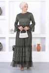 Haki İncili Dantelli Volan Kol Tesettür Abiye Elbise