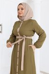 Haki Kapşonlu Düğmeli İkili Tesettür Takım