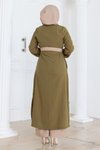 Haki Kapşonlu Düğmeli İkili Tesettür Takım