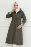 Haki Kapüşonlu Fermuarlı Trençkot