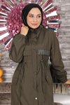 Haki Kapüşonlu Yazı Detaylı Mont