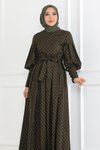 Haki Puantiyeli Kemerli Tesettür Elbise