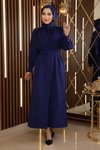 İndigo Kemerli Taş Detaylı Tesettür Elbise
