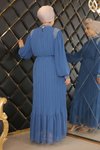 İndigo Pileli Şifon Taşlı Tesettür Abiye Elbise
